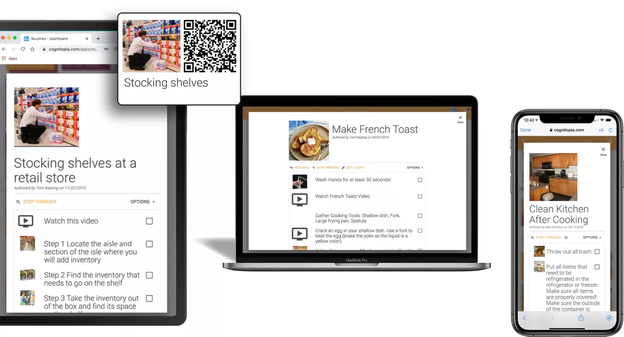 Routines app shown on different screen sizes. Showing the routine for stocking shelves highlighting the use of QR codes to help user gain easy access to the routine at anytime.