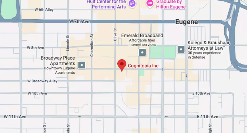 Map showing the location of Cognitopia Inc in downtown Eugene, Oregon.