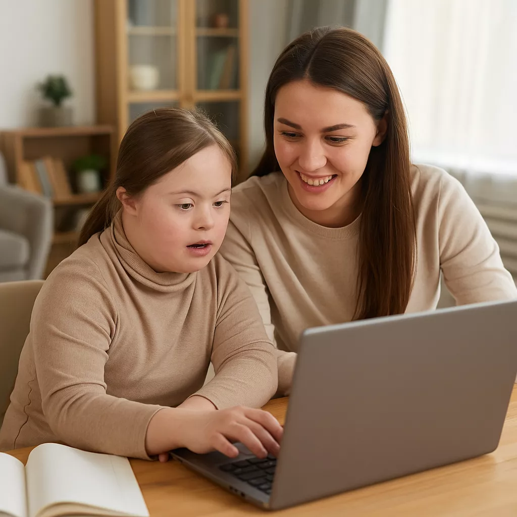 Sisters Studying together on laptop. One sister has Down's Syndrome.