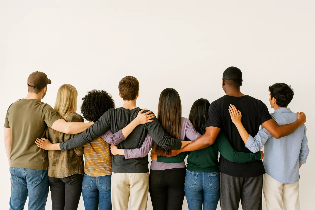 Group of individuals linking arms facing away from the camera.